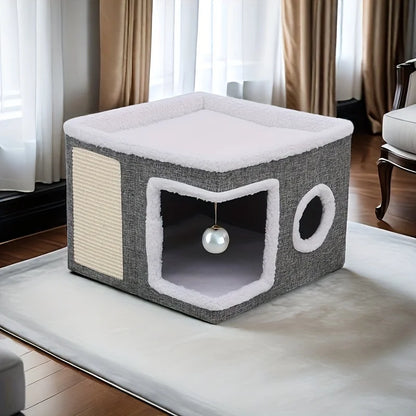 Luxury Multi-Level Cat House - 2-Layer Bed, Toy Tunnel, Foldable Sofa, Climbing Rope, & Soft Cushions - Indoor Cat Play Cube
