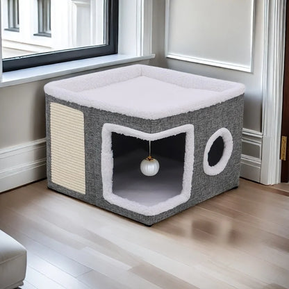 Luxury Multi-Level Cat House - 2-Layer Bed, Toy Tunnel, Foldable Sofa, Climbing Rope, & Soft Cushions - Indoor Cat Play Cube