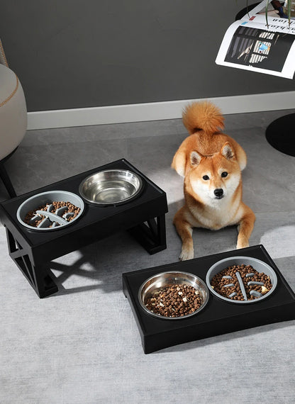 Dog Double Elevated Bowls Stand 3 Adjustable Height Pet Slow Feeding Dish Bowl Medium Big Dog Elevated Food Water Feeders Table