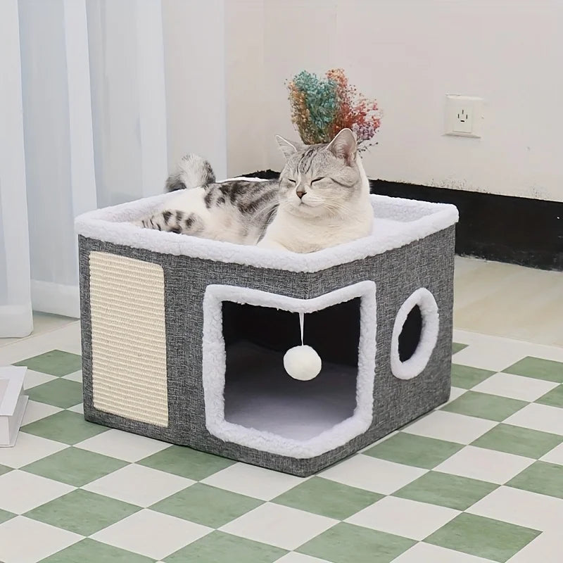 Luxury Multi-Level Cat House - 2-Layer Bed, Toy Tunnel, Foldable Sofa, Climbing Rope, & Soft Cushions - Indoor Cat Play Cube