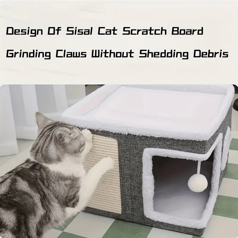 Luxury Multi-Level Cat House - 2-Layer Bed, Toy Tunnel, Foldable Sofa, Climbing Rope, & Soft Cushions - Indoor Cat Play Cube