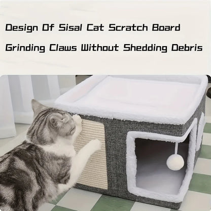 Luxury Multi-Level Cat House - 2-Layer Bed, Toy Tunnel, Foldable Sofa, Climbing Rope, & Soft Cushions - Indoor Cat Play Cube