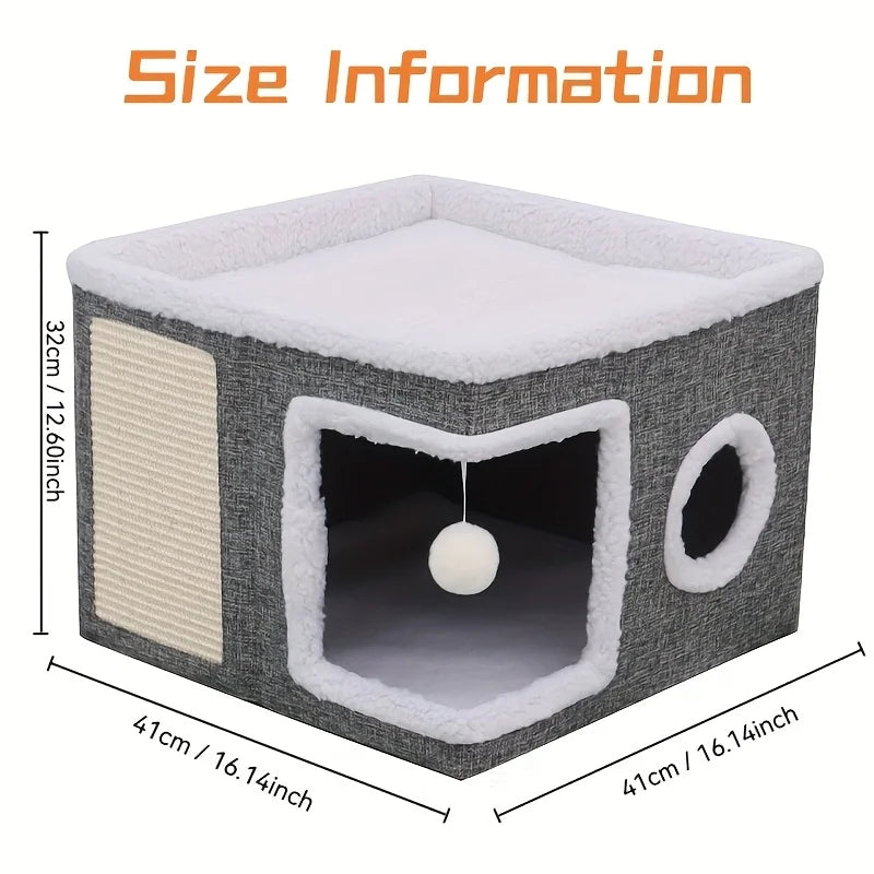 Luxury Multi-Level Cat House - 2-Layer Bed, Toy Tunnel, Foldable Sofa, Climbing Rope, & Soft Cushions - Indoor Cat Play Cube