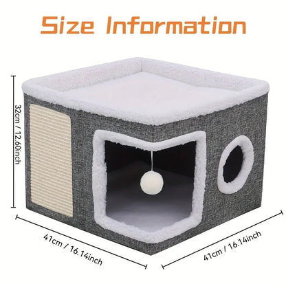 Luxury Multi-Level Cat House - 2-Layer Bed, Toy Tunnel, Foldable Sofa, Climbing Rope, & Soft Cushions - Indoor Cat Play Cube